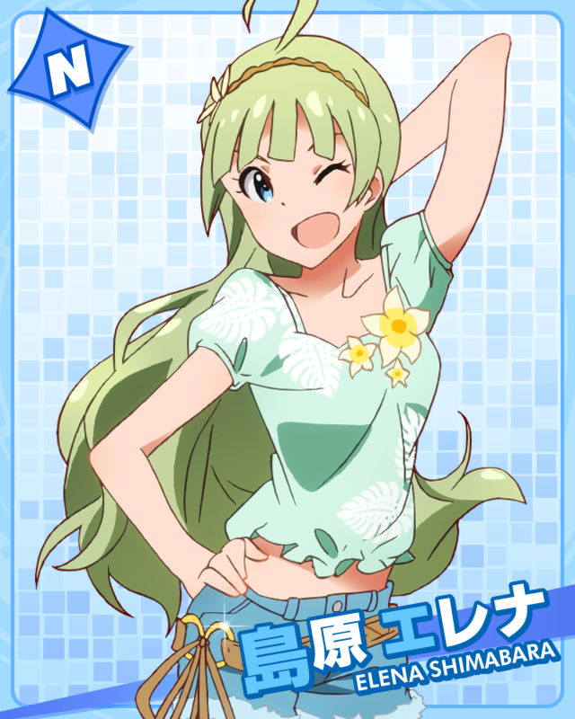 1girl :d ;d ahoge aqua_eyes character_name green_hair hairband hand_on_head hand_on_hip idolmaster idolmaster_million_live! long_hair looking_at_viewer official_art open_mouth posing shimabara_elena smile solo wink