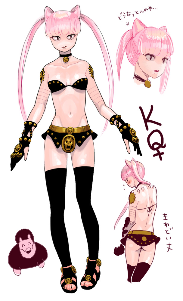 1girl animal_ears bangs bare_shoulders bell bell_collar biafura bikini_top blunt_bangs blush breasts cat_ears character_profile choker cleavage collar expressionless genderswap gloves hip_lines jojo_no_kimyou_na_bouken killer_queen loincloth long_hair midriff navel pink_hair pink_skin sandals small_breasts spikes stand_(jojo) standing strapless studs thighhighs twintails very_long_hair white_background