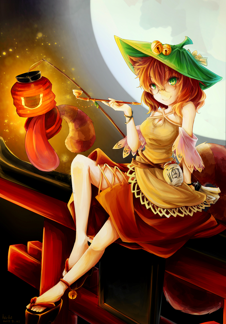 1girl alternate_costume animal_ears bell breasts brown_hair chouchin_obake cleavage clog_sandals detached_sleeves full_moon futatsuiwa_mamizou glasses gourd green_eyes hacko hat kiseru moon notepad pince-nez pipe raccoon_ears raccoon_tail sandals smile tail tongue torii touhou