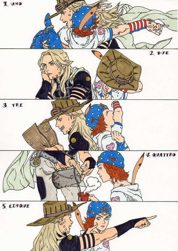 2boys arm_warmers armband ball beanie beard blonde_hair blue_eyes boots bridal_gauntlets brown_hair cape carrying chaps chin_rest clenched_teeth coffee comic cowboy_boots crying cup eye_contact facial_hair feathers green_eyes gyro_zeppeli hat heart hoodie horseshoe italian johnny_joestar jojo_no_kimyou_na_bouken kettle le-phare lipstick looking_at_another makeup mug multiple_boys nail_polish newspaper pointing pouring reading short_sleeves star_print yawning