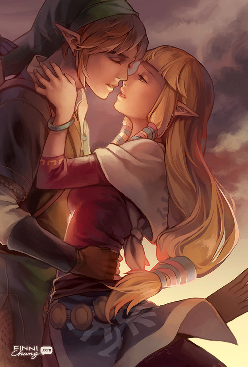 1boy 1girl blonde_hair blue_eyes finni_chang gloves hat incoming_kiss jewelry link long_hair low-tied_long_hair nintendo pointy_ears princess_zelda skyward_sword the_legend_of_zelda