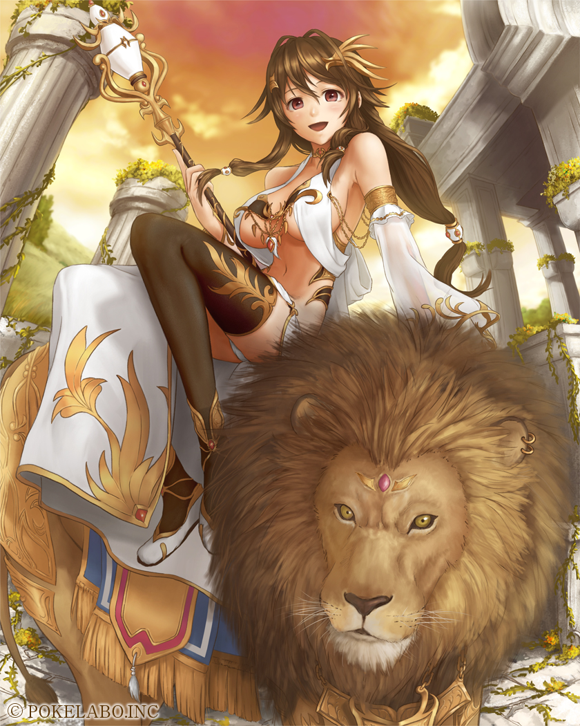 1girl :d blush breasts brown_hair choker column cybele detached_sleeves hair_ornament large_breasts lion long_hair long_skirt midriff open_mouth original pillar red_eyes riding side_slit sideboob skirt smile solo ss39 staff temple thighhighs underboob