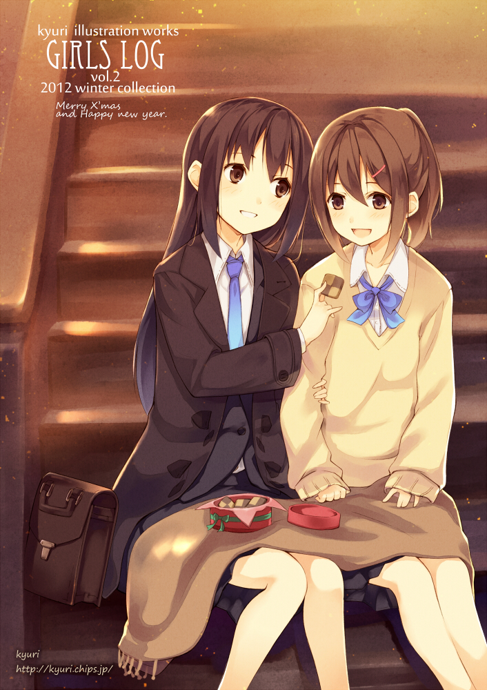 2girls :d arm_holding bag black_hair blush brown_eyes brown_hair checkerboard_cookie coat collarbone cookie cover cover_page food hair_ornament hairclip happy_new_year holding kyuri light_particles long_hair merry_christmas multiple_girls necktie open_mouth original school_briefcase school_uniform sitting skirt smile stairs sunlight sweater watermark web_address