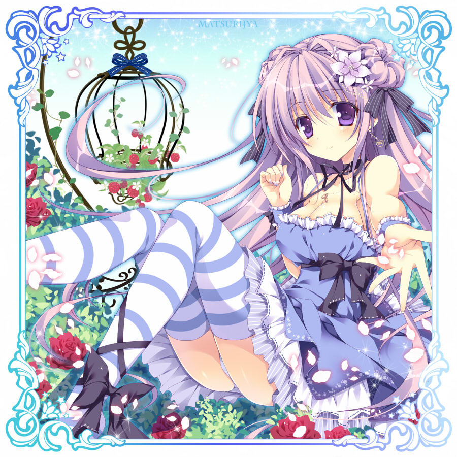 1girl bare_arms bare_shoulders birdcage blue_dress bow breasts cage cleavage collarbone dress elaborate_frame flower frame hair_flower hair_ornament leg_ribbon long_hair looking_at_viewer nanaroba_hana outstretched_arm outstretched_hand panties pantyshot pantyshot_(sitting) petals purple_hair red_rose rose sitting smile solo strapless_dress striped striped_legwear thighhighs underwear very_long_hair violet_eyes white_panties wrist_cuffs zettai_ryouiki