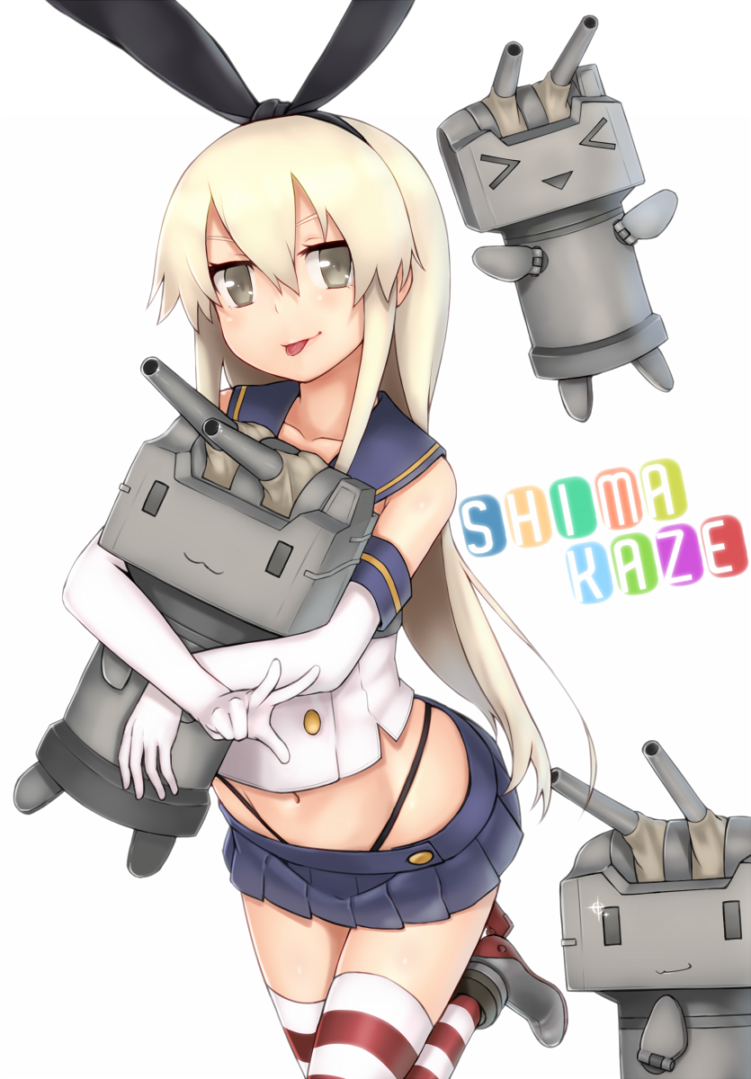 1girl :d armpits black_panties blonde_hair elbow_gloves gloves highres innertube kantai_collection long_hair looking_at_viewer microskirt open_mouth panties personification rensouhou-chan shimakaze_(kantai_collection) skirt smile spitfire99 striped striped_legwear thighhighs tongue tongue_out underwear white_gloves ||_||