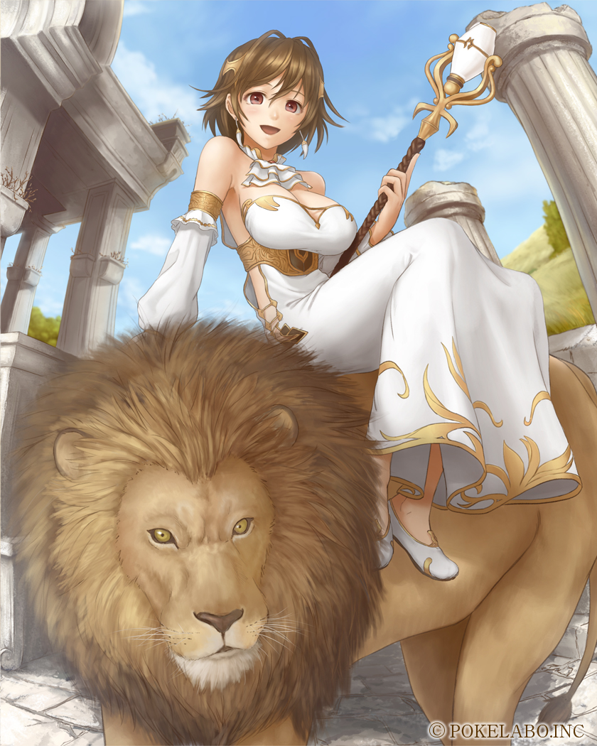 1girl :d blush breasts brown_hair choker cleavage column cybele detached_sleeves dress earrings hair_ornament jewelry large_breasts lion open_mouth original pillar red_eyes riding short_hair smile solo ss39 staff temple