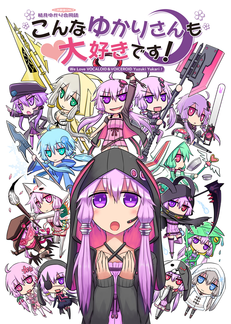 6+girls ahoge alternate_eye_color alternate_hair_color aqua_eyes aqua_hair axe blue_eyes calligraphy_brush chainsaw chibi eyepatch fang gakuran hand_on_hip hat headset heart heterochromia hood kurakumo_nue lavender_hair long_hair multiple_girls multiple_persona mushroom open_mouth paintbrush payot pink_eyes pink_hair polearm school_uniform scythe silver_hair smile spear staff translation_request violet_eyes vocaloid weapon wings yuzuki_yukari