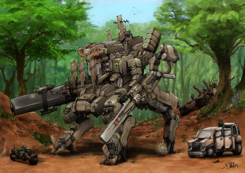 ambush antennae armor army binoculars camouflage cannon chainsaw deadspike_nine energy_weapon forest grass helmet hill mecha military military_uniform military_vehicle motor_vehicle motorcycle nature original plant rainforest rocket_launcher science_fiction soldier tank tree truck uniform vehicle walker weapon