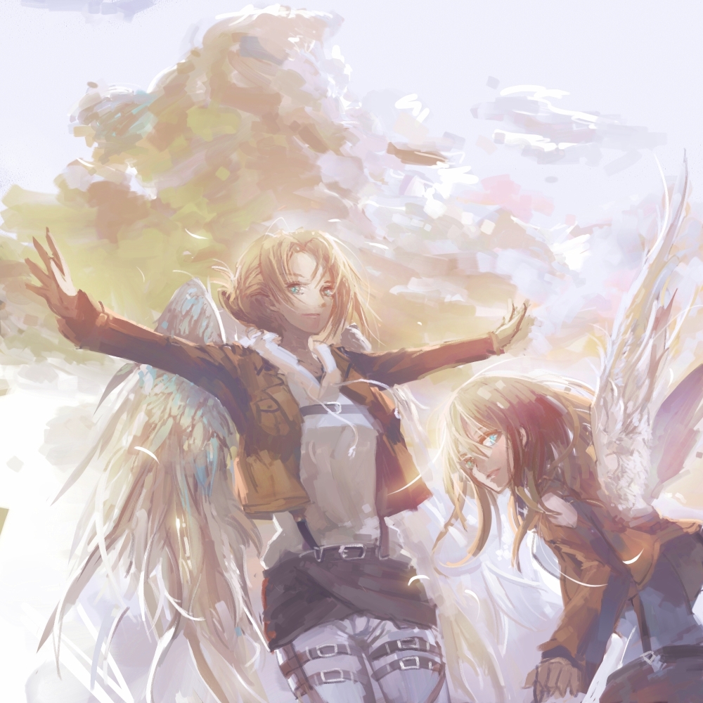 2girls angel_wings annie_leonhardt belt blonde_hair blue_eyes christa_renz clouds hair_color_connection jacket long_hair looking_at_viewer multiple_girls outstretched_arms shingeki_no_kyojin short_hair sky smile stu_dts uniform wings