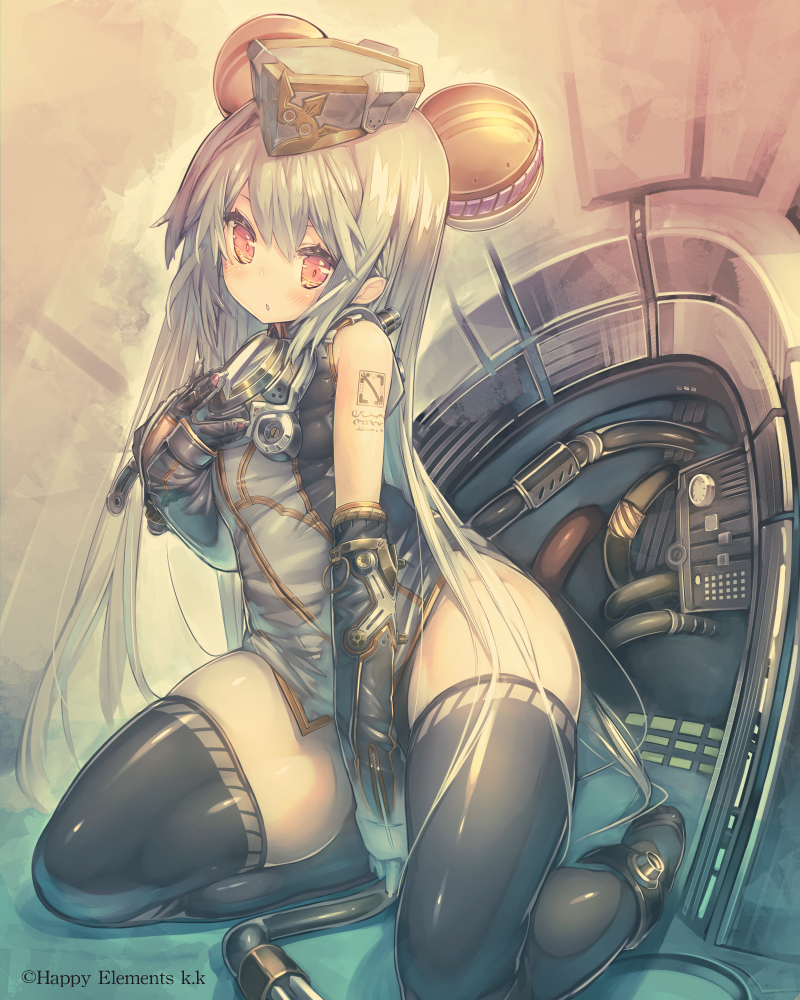 1girl animal_ears between_thighs black_gloves black_legwear cable dress elbow_gloves gloves hand_on_own_chest hat hips long_hair majoca_majoluna mouse_ears parted_lips paw_gloves red_eyes short_dress silver_hair sitting solo tail tattoo thighhighs thighs very_long_hair watermark yokozuwari
