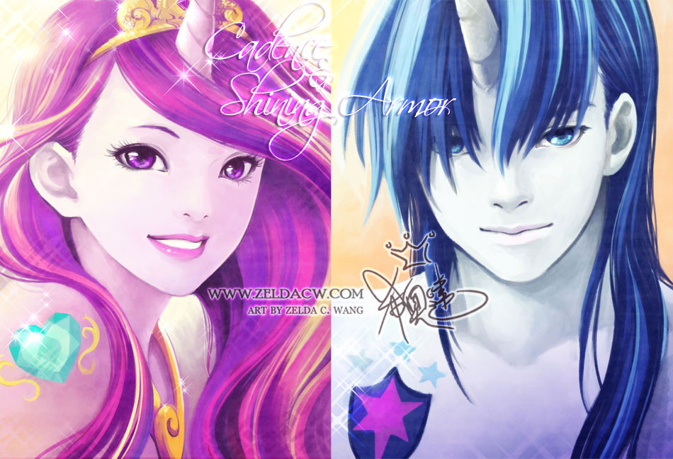 1boy 1girl artist_name blue_eyes blue_hair blue_skin cadence_(my_little_pony) character_name horn humanization jewelry lips long_hair looking_at_viewer multicolored_hair parted_lips personification princess_mi_amore_cadenza shining_armor signature smile tagme two-tone_hair violet_eyes watermark web_address zelda_c_wang