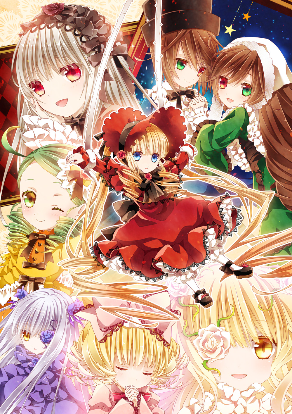 6+girls barasuishou blonde_hair blue_dress blue_eyes blue_rose bonnet brown_hair closed_eyes dress drill_hair entangled eyepatch flower gothic_lolita green_dress green_eyes green_hair hair_bobbles hair_ornament hairband hands_clasped hat heterochromia highres hina_ichigo holding_hands interlocked_fingers juliet_sleeves kanaria kirakishou lolita_fashion lolita_hairband long_hair long_sleeves looking_at_viewer moru multiple_girls open_mouth outstretched_arms pink_dress puffy_sleeves purple_dress red_dress red_eyes red_rose restrained rose rozen_maiden rozen_maiden_traumend shinku siblings silver_hair sisters smile souseiseki star suigintou suiseiseki turning twins twintails very_long_hair vines white_rose wide_sleeves wink yellow_dress yellow_eyes