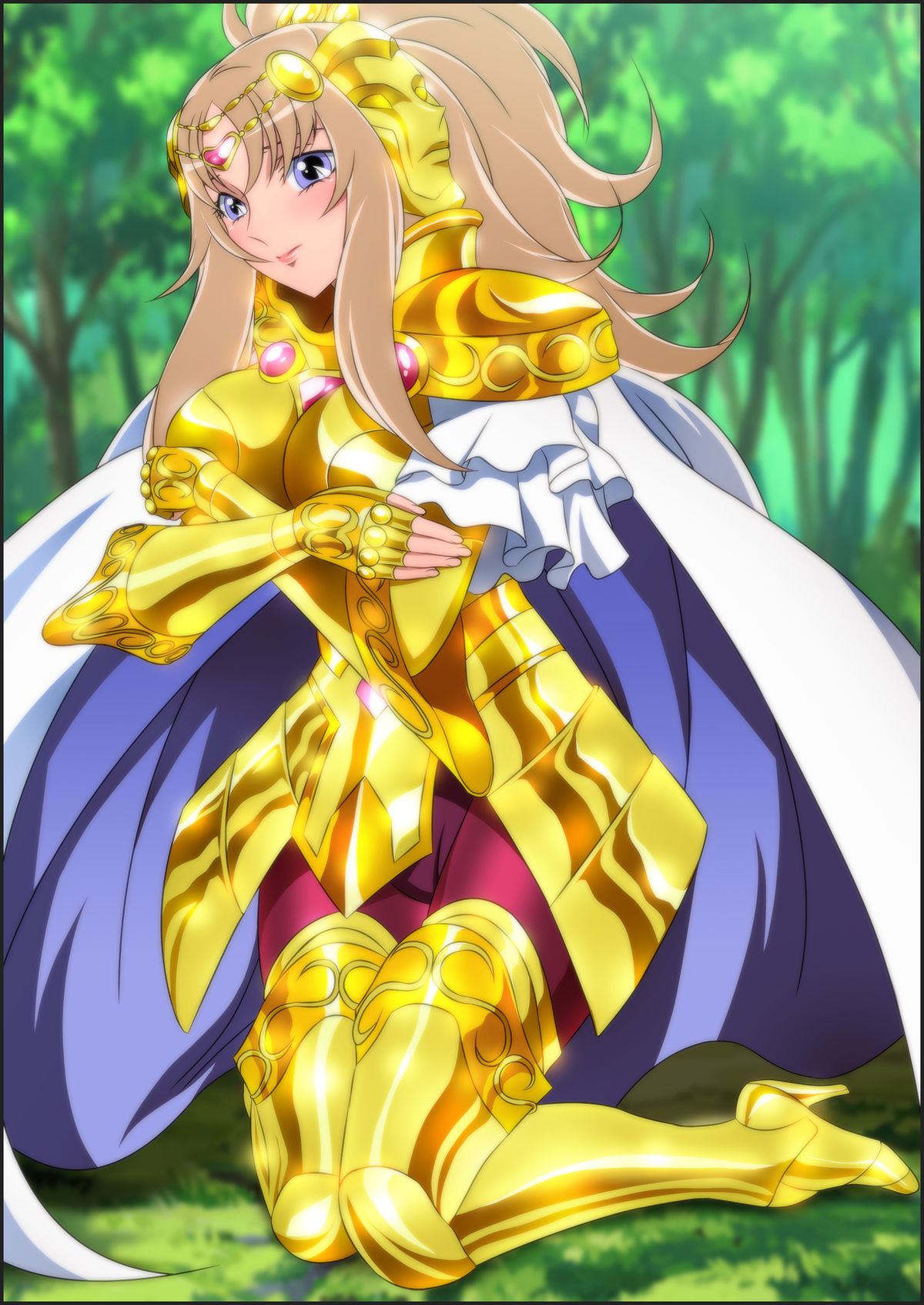 1girl aquila_yuna armor boots breasts brown_hair cape crossed_arms female forest gemini_paradox gemini_paradox_(cosplay) high_heels highres kneeling lips lipstick long_hair makeup mask nature ponytail saint_seiya saint_seiya_omega smile solo tiara tree violet_eyes yadokari_genpachirou