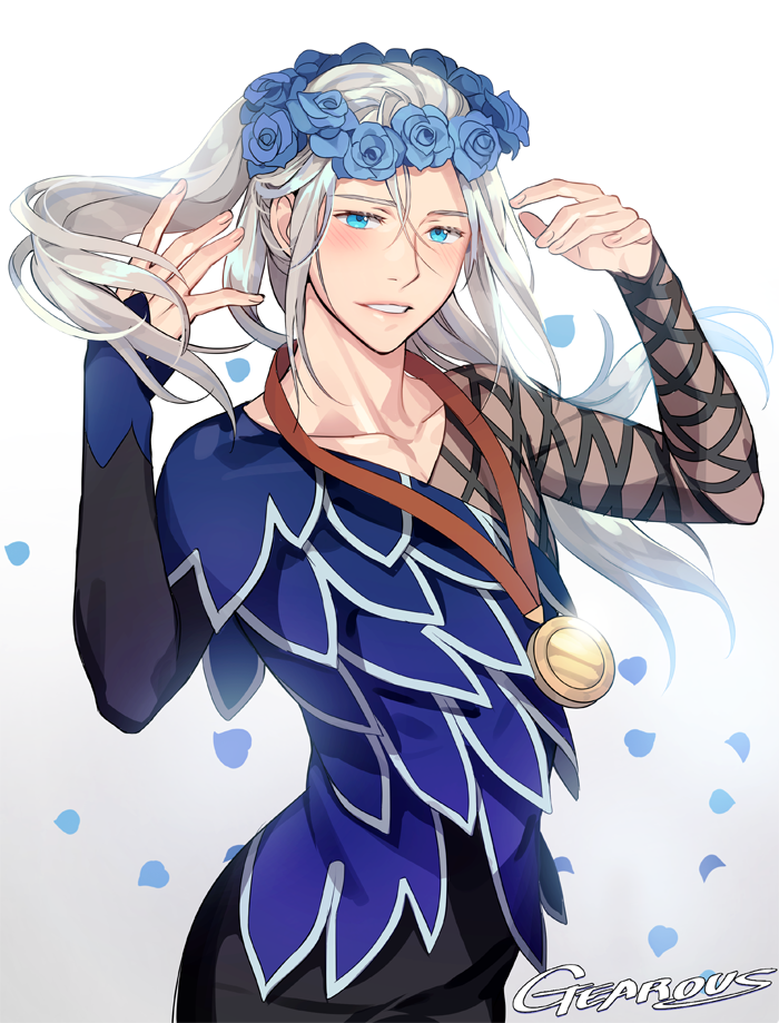 1boy bishounen blue_eyes blue_flower blue_rose blush commentary cowboy_shot fingernails floating_hair flower gearous grey_hair hands_up head_wreath long_hair looking_away male_focus medal petals rose simple_background smile standing symbol_commentary teeth upper_body viktor_nikiforov white_background younger yuri!!!_on_ice