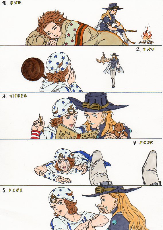 2boys arm_warmers beanie beard bird blanket blonde_hair blue_eyes book boots brown_hair campfire cape chaps comic cowboy_boots crying crying_with_eyes_open english facial_hair fire frying_pan green_eyes gyro_zeppeli hat hoodie johnny_joestar jojo_no_kimyou_na_bouken le-phare lipstick long_hair looking_at_another makeup multiple_boys nail_polish on_stomach pencil pheasant reaching sitting sleeping star_print steel_ball_run stitches stuffed_animal stuffed_toy tears teddy_bear white_background wood