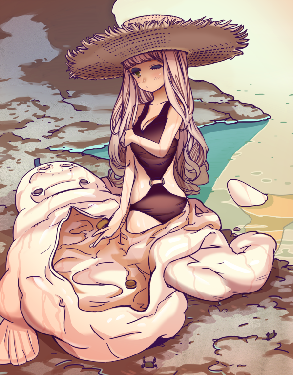 1girl costume dachaku hat holding_arm long_hair manatee_costume original sitting solo straw_hat swimsuit water wink yokozuwari