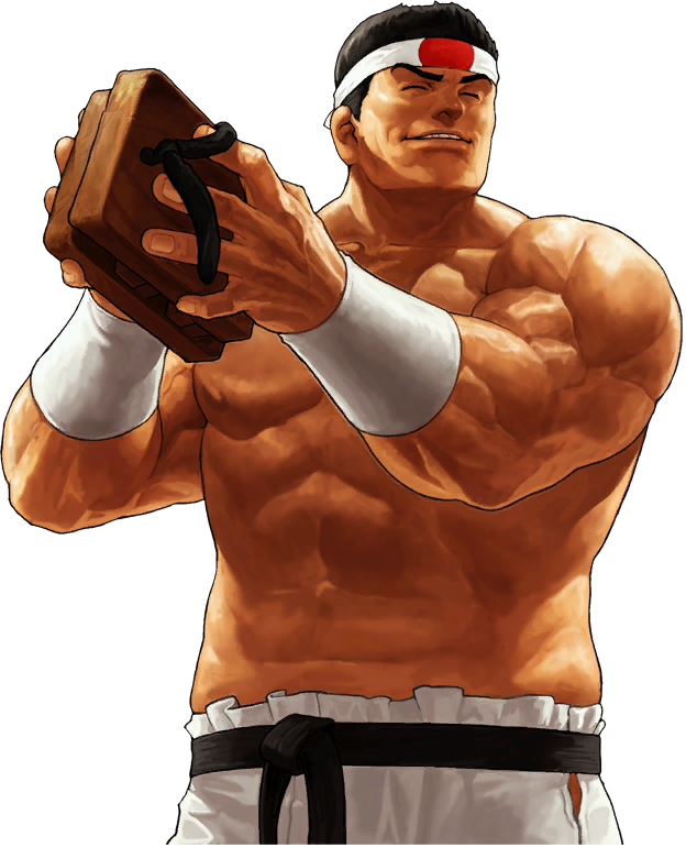 1boy abs closed_eyes daimon_gorou eyebrows geta headband king_of_fighters king_of_fighters_xii muscle official_art ogura_eisuke shirtless shoes_removed snk solo thick_eyebrows wristband
