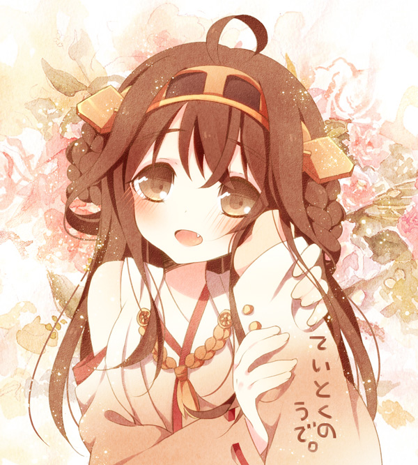 1boy 1girl admiral_(kantai_collection) ahoge anju_(meipurusanchi) blush brown_eyes brown_hair detached_sleeves fang hairband hand_on_another's_face headgear japanese_clothes kantai_collection kongou_(kantai_collection) long_hair open_mouth personification translation_request