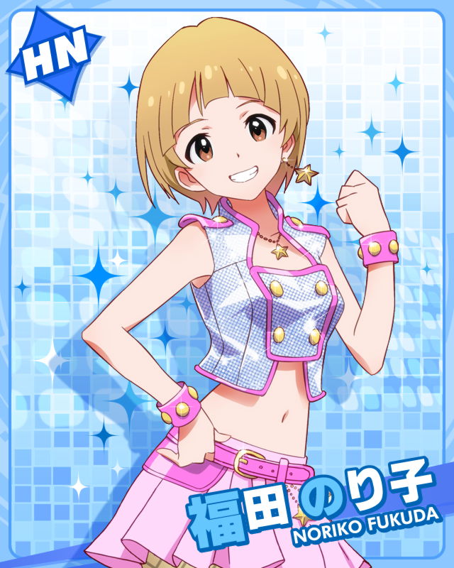 1girl :d blonde_hair bracelet brown_eyes character_name crop_top earrings fukuda_noriko grin hand_on_hip idolmaster idolmaster_million_live! jewelry looking_at_viewer navel necklace official_art open_mouth posing short_hair skirt smile solo