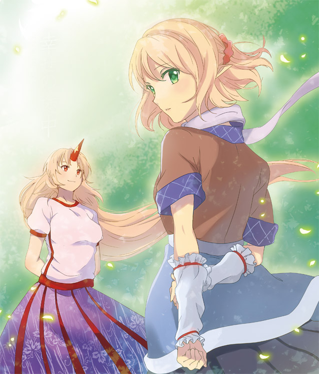 2girls arm_warmers arms_behind_back blonde_hair breasts cloudy_sky from_behind green_eyes horn hoshiguma_yuugi leaf_print light_smile long_hair looking_at_viewer looking_away looking_over_shoulder mizuhashi_parsee multiple_girls parted_lips petals pointy_ears red_eyes scrunchie short_hair short_sleeves skirt star touhou tree ume_(plumblossom) very_long_hair wind_lift