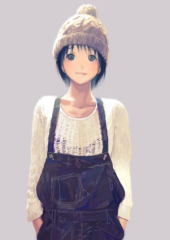 1girl beanie black_eyes black_hair contemporary hands_in_pockets hat mablex original pullover short_hair simple_background solo