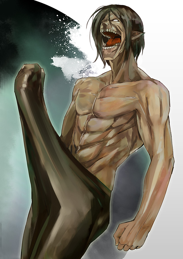 abs black_hair downtown_no_gaki_no_tsukai_ya_arahende!! egashira_2:50 ikuyoan kore_wa_zombie_desu_ka? muscle parody pointy_ears rogue_titan sexually_suggestive shingeki_no_kyojin short_hair teeth