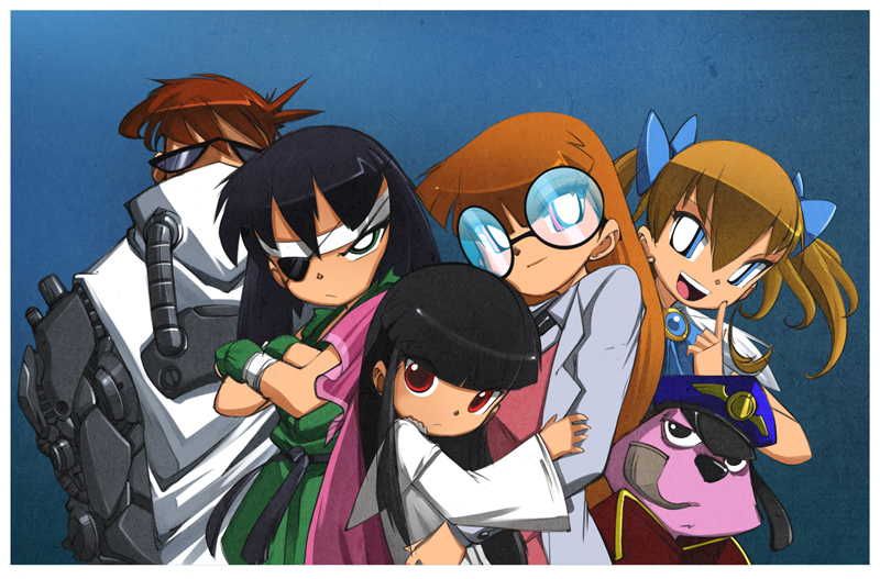 1boy 4girls adult bangs black_eyes black_hair bleedman blossom_(ppg) blue_background blue_eyes blunt_bangs bow bubbles_(ppg) buttercup_(ppg) cartoon_network character_request courage_(character) courage_the_cowardly_dog crossover dexter dexter's_laboratory dog eyepatch glasses green_eyes grim_tales_from_down_below hair_bow hat labcoat long_hair looking_at_viewer multiple_girls pink_eyes pipe powerpuff_girls powerpuff_girls_doujinshi red_eyes scowl short_twintails siblings sisters smoking_pipe spoilers twintails