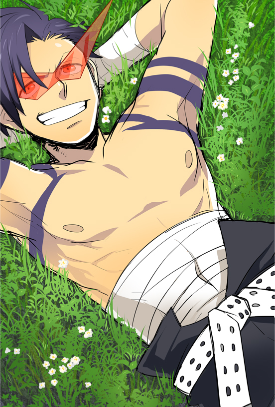 &gt;:d 1boy 5-502 :d armpits arms_behind_head bandages belt blue_hair clothed_navel eyelashes flower grass grin kamina kamina_shades looking_at_viewer male muscle nipples on_back open_mouth plant red_eyes shirtless smile solo tattoo tengen_toppa_gurren_lagann