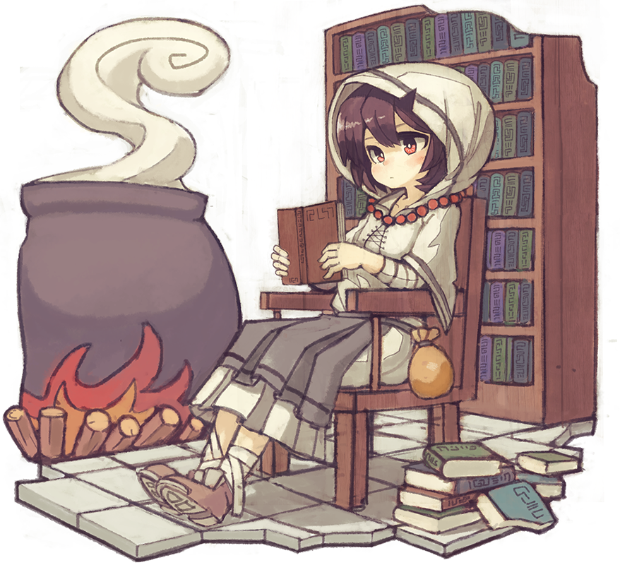 1girl bandages book bookshelf brown_hair gatakigi_gama hood isometric original pot red_eyes sitting solo