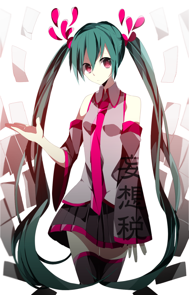 1girl copyright_name detached_sleeves etoranze green_hair hatsune_miku long_hair necktie paper pink_eyes skirt solo thighhighs twintails very_long_hair vocaloid white_background