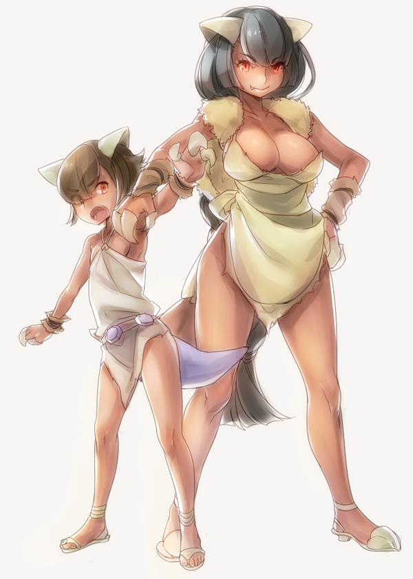 1boy 1girl anklet bare_legs black_hair braid breasts claws cleavage dark_skin hand_on_hip horns jewelry kangaskhan loincloth long_hair mega_pokemon mother_and_son naso4 personification pokemon pokemon_(game) pokemon_xy red_eyes sandals short_hair simple_background single_braid tail very_long_hair wrist_cuffs