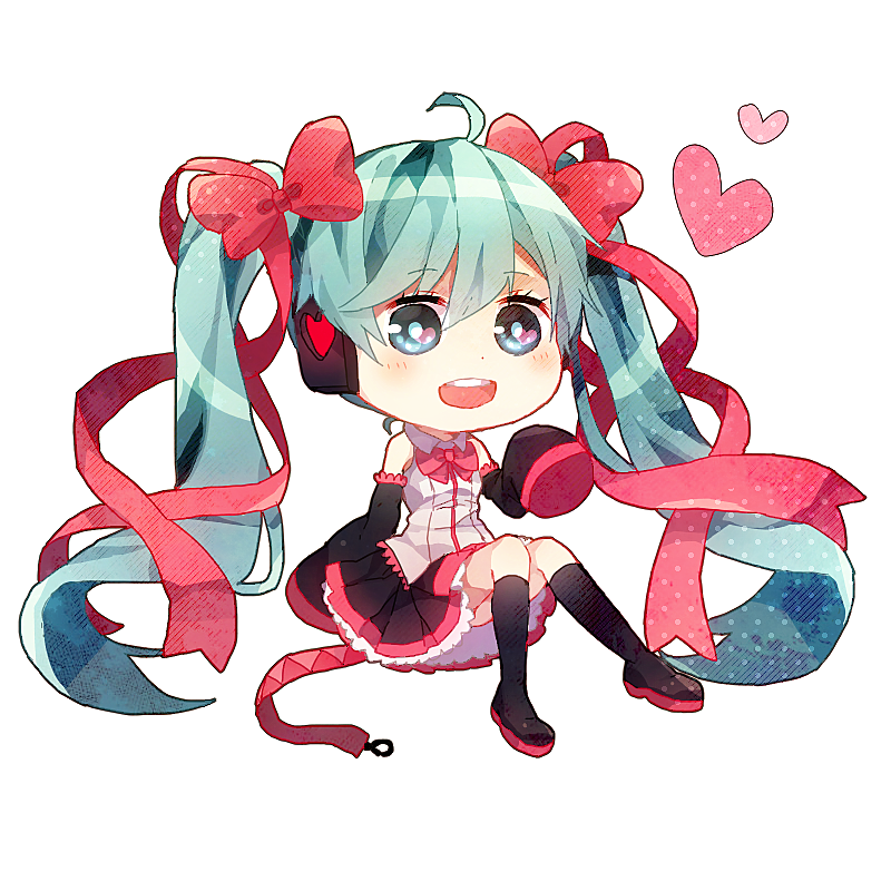 1girl ahoge blush boots bowtie chibi detached_sleeves hair_ribbon hatsune_miku headphones heart knee_boots kneehighs long_hair open_mouth ribbon simple_background sitting skirt sleeves_past_wrists solo twintails very_long_hair vocaloid white_background yuya_kyoro