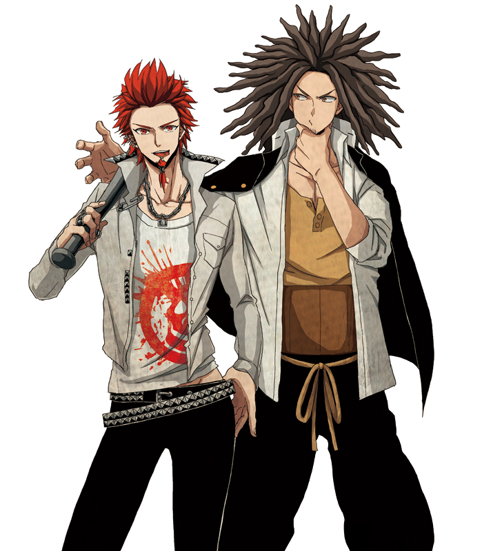 2boys baseball belt brown_eyes brown_hair dangan_ronpa dreadlocks earrings hagakure_yasuhiro jacket jewelry kuwata_reon multiple_boys necklace red_eyes redhead smile