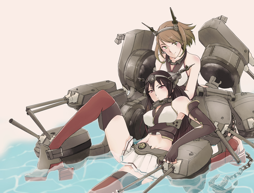 bare_shoulders black_hair blush breasts brown_hair elbow_gloves fingerless_gloves gloves green_eyes hair_ornament headgear kantai_collection large_breasts long_hair multiple_girls mutsu_(kantai_collection) nagato_(kantai_collection) navel partially_submerged personification red_eyes red_legwear short_hair sitting skirt thigh-highs water