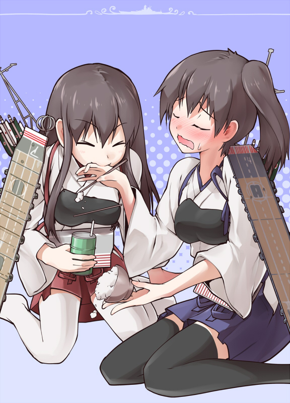 &gt;_&lt; 2girls aircraft_carrier akagi_(kantai_collection) arrow black_legwear blush breasts brown_eyes brown_hair closed_eyes eating japanese_clothes kaga_(kantai_collection) kantai_collection long_hair multiple_girls muneate oil oil_tanker open_mouth personification rice short_hair side_ponytail smile thighhighs wavy_mouth white_legwear yuugo_(atmosphere)