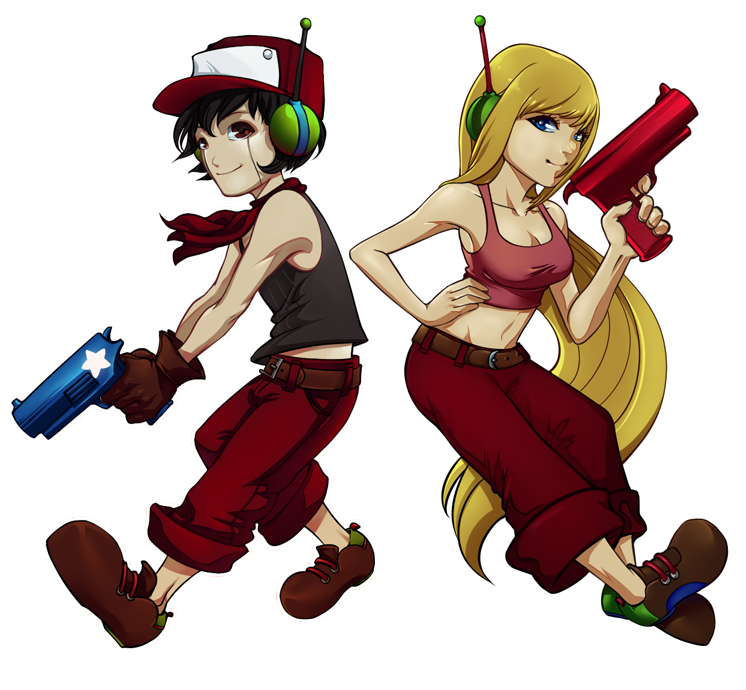 1boy 1girl android back-to-back baseball_cap belt black_hair blonde_hair blue_eyes breasts curly_brace doukutsu_monogatari gloves gun hand_on_hip hat long_hair midriff navel neckerchief pants pants_rolled_up pistol quote red_eyes robot_ears shoes suguro tank_top transparent_background weapon