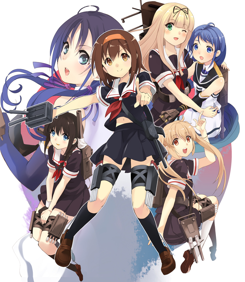 6+girls :d asamiko bangs bare_shoulders black_hair blonde_hair blue_eyes blue_hair brown_eyes brown_hair green_eyes hair_ribbon hands_together kantai_collection long_hair multiple_girls murasame_(kantai_collection) open_mouth personification pointing pointing_at_viewer pointing_up ribbon samidare_(kantai_collection) school_uniform serafuku shigure_(kantai_collection) shiratsuyu_(kantai_collection) short_hair simple_background smile suzukaze_(kantai_collection) tagme twintails yuudachi_(kantai_collection)