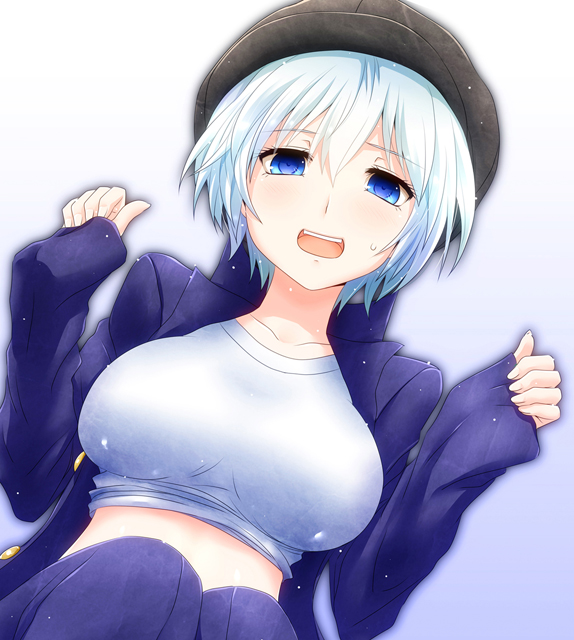 1girl blue_eyes blue_hair breasts character_request gradient gradient_background hat large_breasts open_clothes open_jacket open_mouth rip-off_(manga) short_hair solo watarui