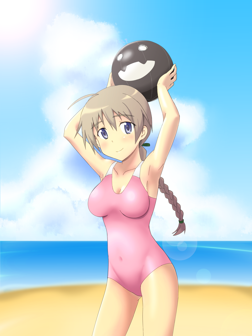 1girl 4wiw arms_up ball beach beachball blue_eyes braid brown_hair clouds highres holding long_hair looking_at_viewer lynette_bishop ocean one-piece_swimsuit single_braid sky smile solo strike_witches swimsuit water