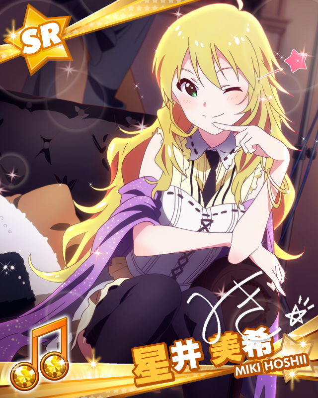 1girl ;) ahoge blonde_hair blush bracelet character_name green_eyes hoshii_miki idolmaster idolmaster_million_live! jewelry long_hair looking_at_viewer signature solo thigh_highs tie wink