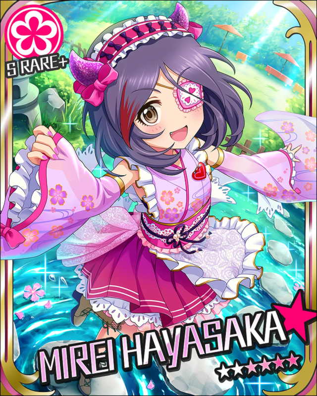 brown_eyes character_name eyepatch happy hayasaka_mirei headdress horns idolmaster idolmaster_cinderella_girls nail_polish short_hair stars violet_hair water yukata