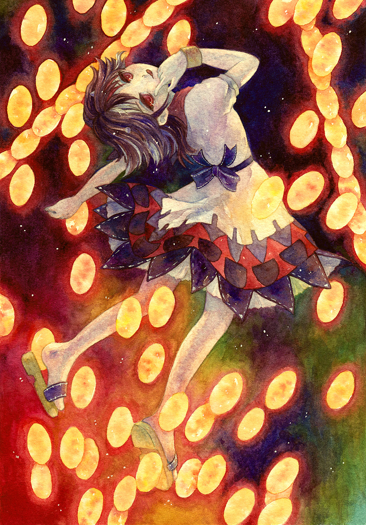 1girl bow bracelet danmaku finger_to_face from_behind head_tilt jewelry kijin_seija layered_dress leaning_back looking_at_viewer mabiko multicolored_background multicolored_hair outstretched_arm red_eyes ribbon sandals short_hair tongue tongue_out touhou traditional_media watercolor_(medium)