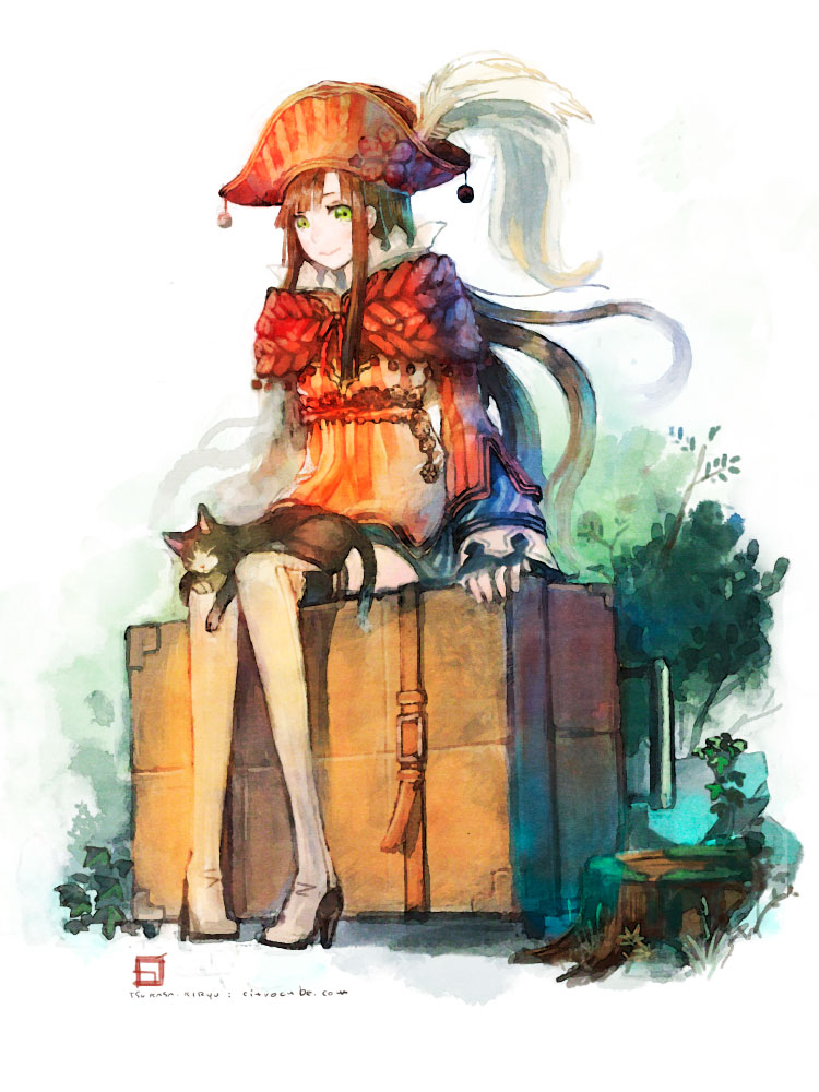 1girl bicorne boots brown_hair buckle capelet cat cat_on_lap collar feathers green_eyes handle hat hat_feather ivy kiryuu_tsukasa_(citrocube) long_hair luggage moss original payot rolling_suitcase signature sitting_on_object sleeves_past_wrists strap stump thigh-highs thigh_boots traveler_(citrocube) tree very_long_hair watermark web_address white_boots