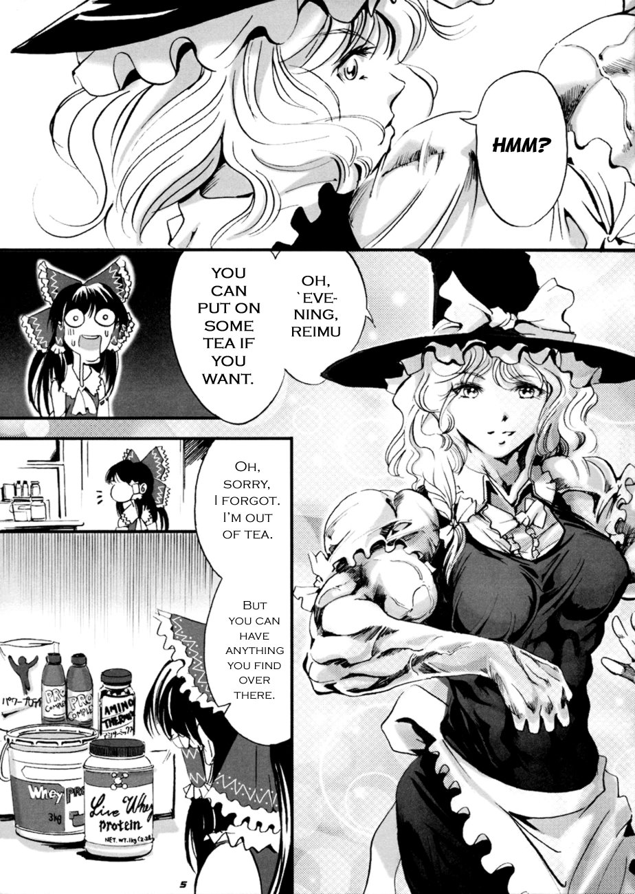 2girls apron ascot bow cho_marisa comic detached_sleeves dress drooling frills hair_bow hair_ribbon hair_tubes hakurei_reimu hard_translated hat highres kirisame_marisa multiple_girls muscle open_mouth puffy_sleeves ribbon shocked_eyes tight_clothing touhou translated veins wi-z_garage witch_hat