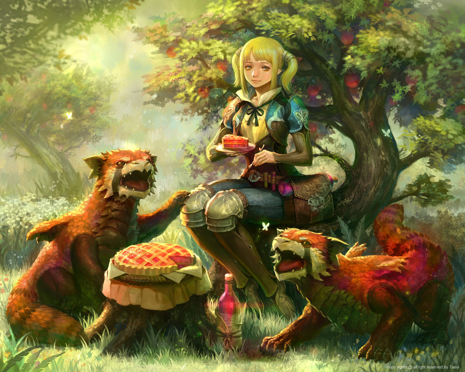 1girl apple_pie belt belt_pouch blonde_hair blue_eyes corset dragon eating fantasy fork greaves jeans knee_pads original payot pie pointy_ears popped_collar short_hair short_twintails shoulder_pads sitting solo_focus taemin_park tree twintails wine_bottle