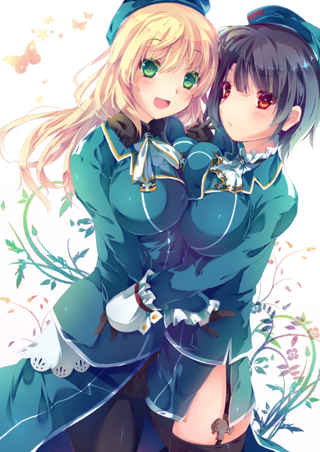 2girls atago_(kantai_collection) black_hair blonde_hair breasts green_eyes huge_breasts kantai_collection large_breasts long_hair multiple_girls red_eyes short_hair tagme takao_(kantai_collection)