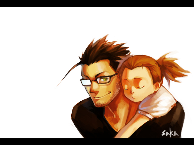 1boy 1girl black_hair brown_hair carrying father_and_daughter fullmetal_alchemist glasses gracia_hughes green_eyes maes_hughes saka_(724596338) shoulder_carry sleeping twintails