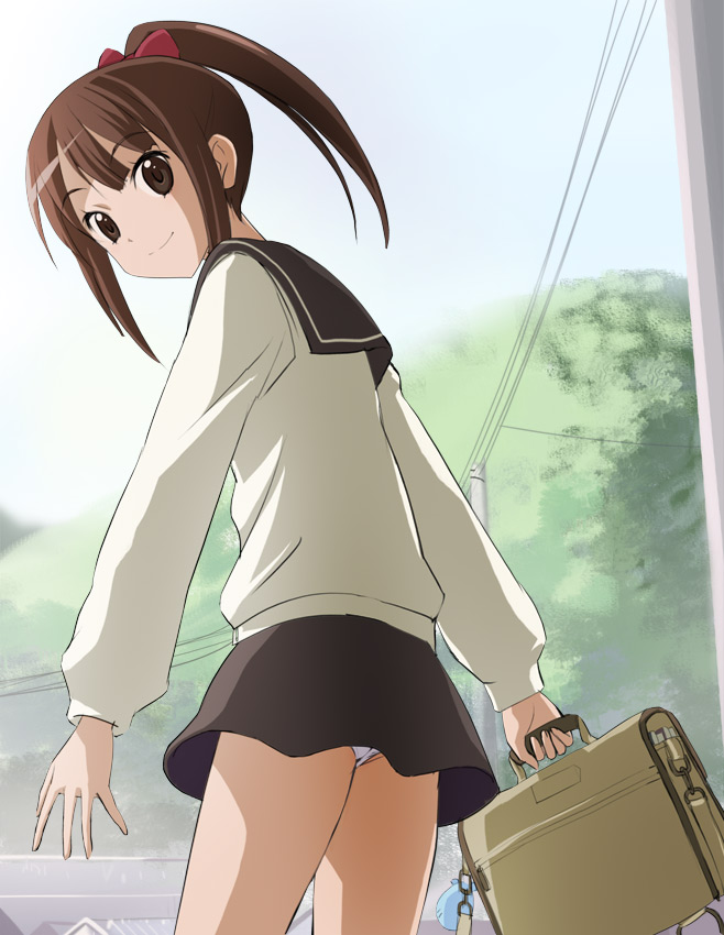 1girl brown_eyes brown_hair hanawa_kaoru haruyama_kazunori looking_at_viewer panties ponytail school_uniform serafuku short_hair skirt smile solo tamayura underwear