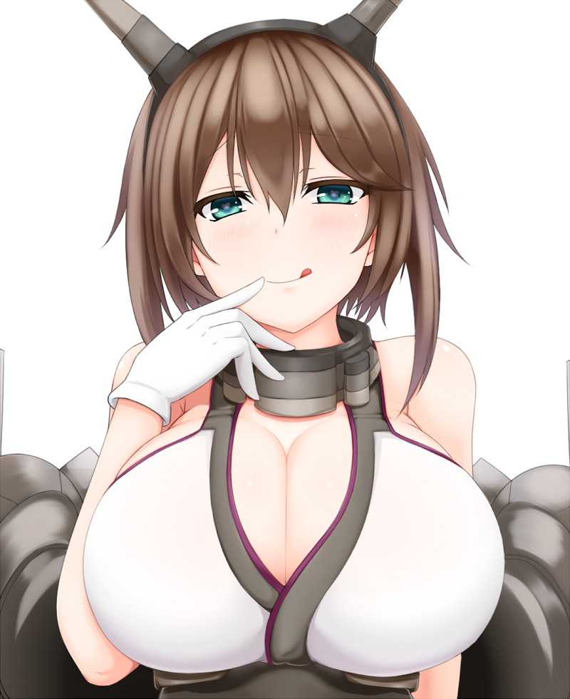 1girl blue_eyes breasts brown_hair finger_to_mouth huge_breasts kantai_collection licking_lips mhf4 mutsu_(kantai_collection) short_hair