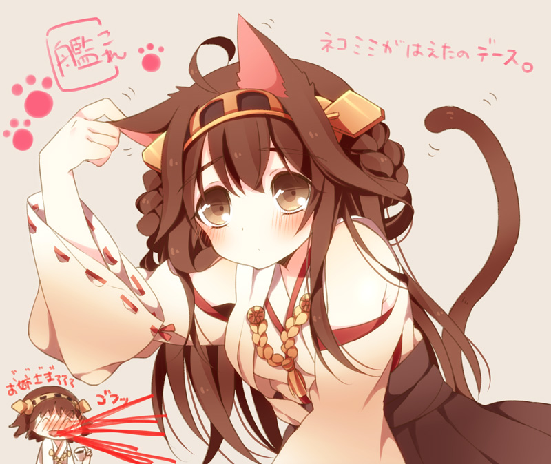 2girls animal_ears anju_(meipurusanchi) bare_shoulders blue_eyes blush breasts brown_hair cat_ears cup detached_sleeves double_bun hair_ornament hairband headgear hiei_(kantai_collection) japanese_clothes kantai_collection kongou_(kantai_collection) long_hair miko multiple_girls open_mouth personification simple_background sitting skirt smile spit_take spitting tagme tea teacup translated wide_sleeves